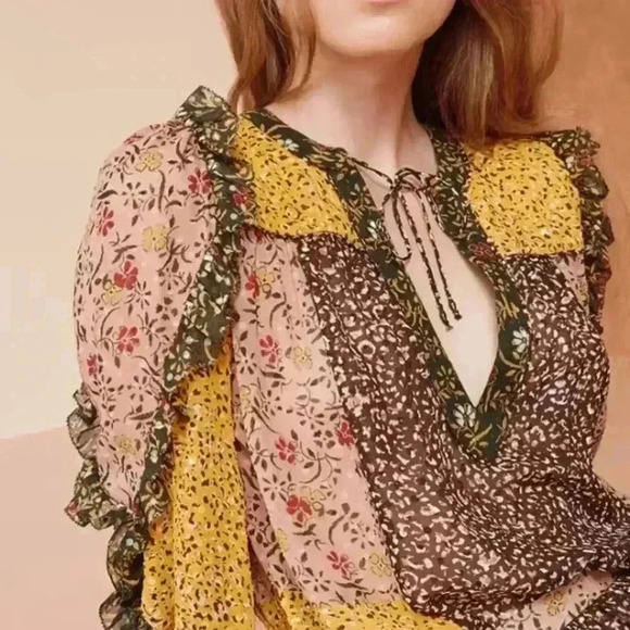 Ulla Johnson Norma Patchwork Ruffle Silk Long Sleeve Blouse Floral Multi Autumn - Picture 1 of 12